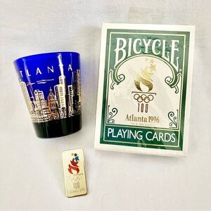 Atlanta Collectors Lot: 1996 Olympics Playing Cards & Pin + Blue Shot Glass